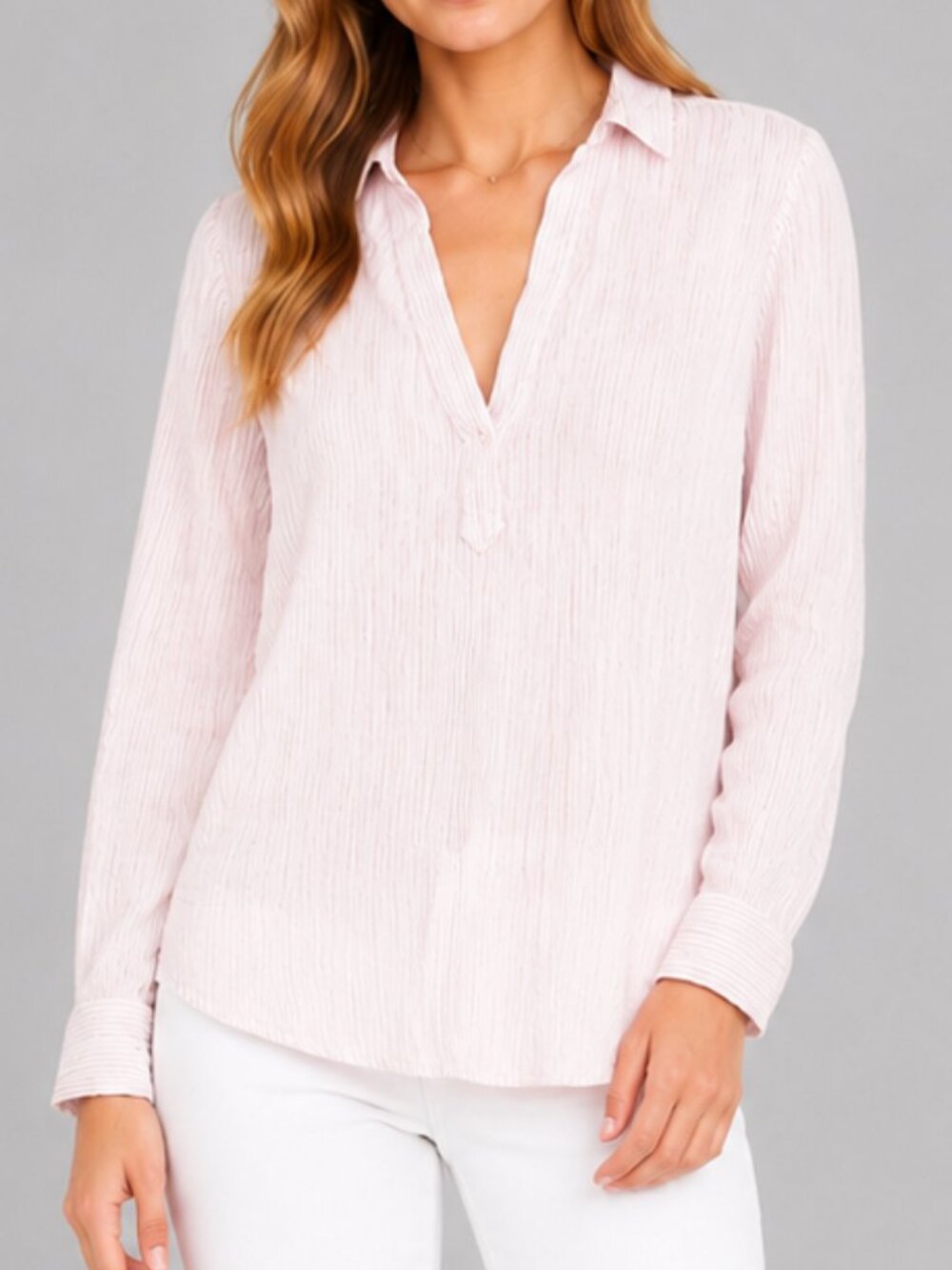 LOFT Pink White Striped Crinkle Softened Popover Shirt Blouse V-Neck EUC Size L